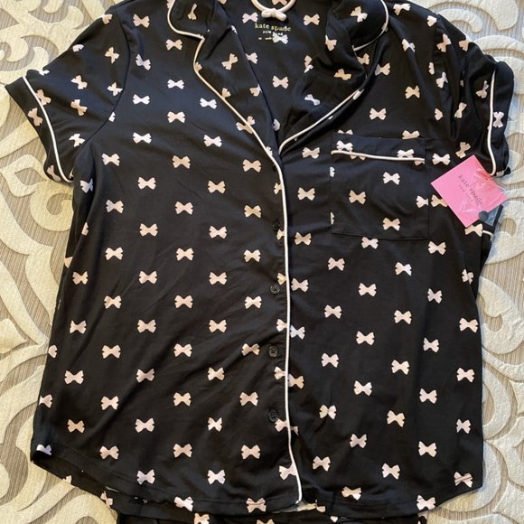 NWT Kate Spade Size Medium Pajama Set Top & Pants Black Pink Bow Print PJs - Picture 2 of 8